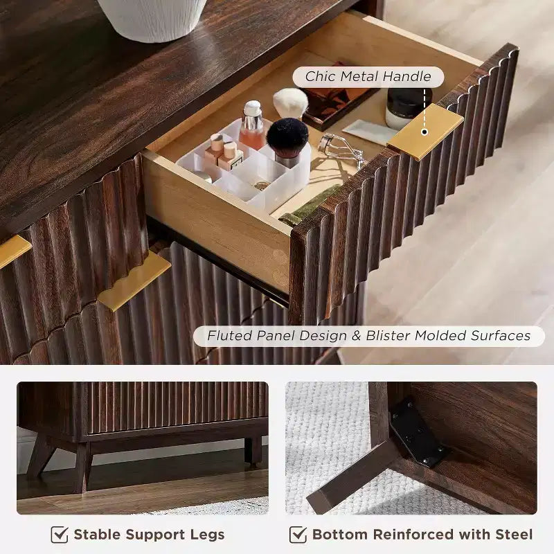 Fluted Dresser for Bedroom, Modern Drawer Chest with Faux Marble Top & Curved Profile, Wood Storage Organizer for Bedroom, Living Room