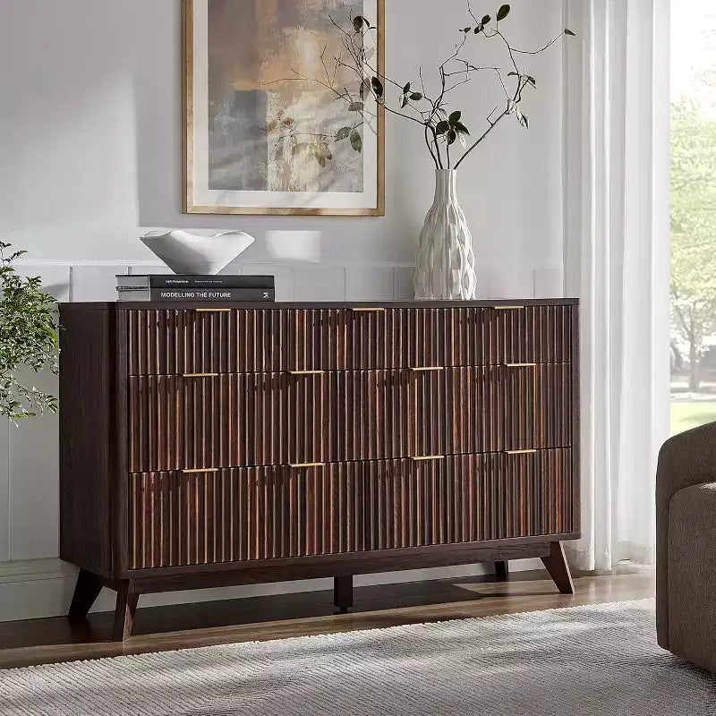 Fluted Dresser for Bedroom, Modern Drawer Chest with Faux Marble Top & Curved Profile, Wood Storage Organizer for Bedroom, Living Room