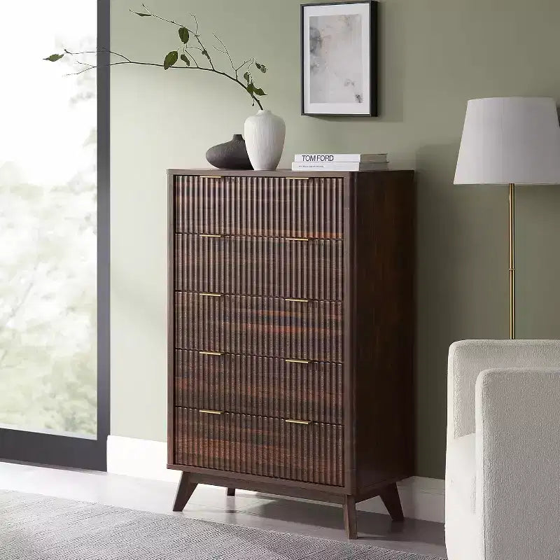 Fluted Dresser for Bedroom, Modern Drawer Chest with Faux Marble Top & Curved Profile, Wood Storage Organizer for Bedroom, Living Room