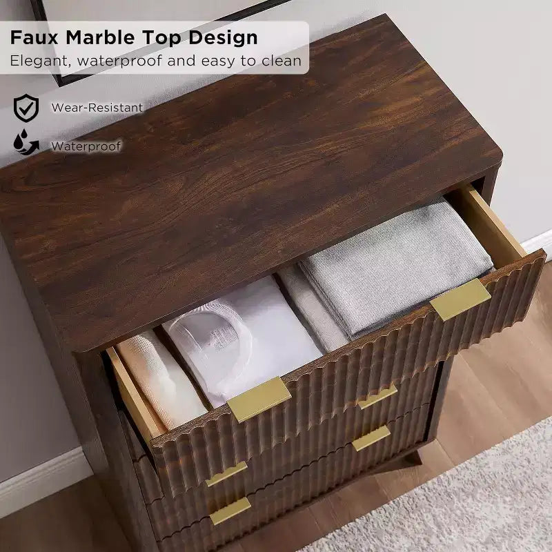 Fluted Dresser for Bedroom, Modern Drawer Chest with Faux Marble Top & Curved Profile, Wood Storage Organizer for Bedroom, Living Room