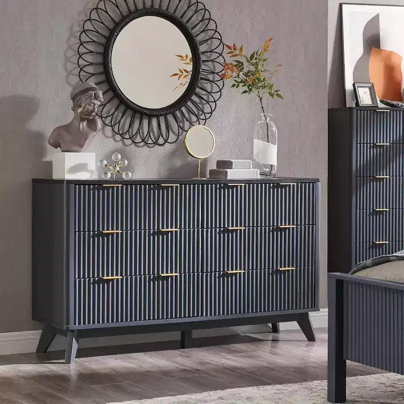 Fluted Dresser for Bedroom, Modern Drawer Chest with Faux Marble Top & Curved Profile, Wood Storage Organizer for Bedroom, Living Room