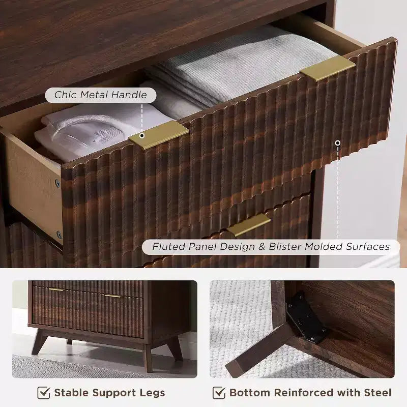 Fluted Dresser for Bedroom, Modern Drawer Chest with Faux Marble Top & Curved Profile, Wood Storage Organizer for Bedroom, Living Room