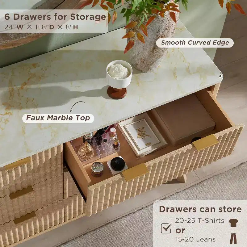 Fluted Dresser for Bedroom, Modern Drawer Chest with Faux Marble Top & Curved Profile, Wood Storage Organizer for Bedroom, Living Room
