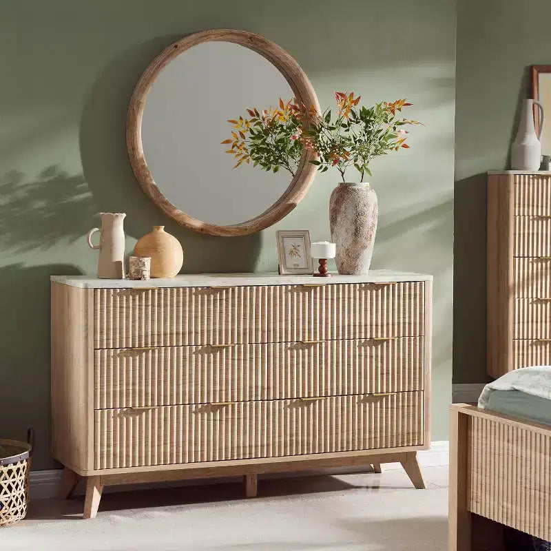 Fluted Dresser for Bedroom, Modern Drawer Chest with Faux Marble Top & Curved Profile, Wood Storage Organizer for Bedroom, Living Room