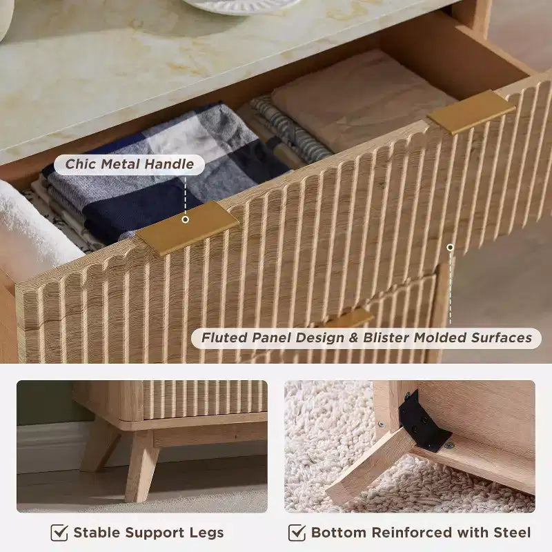 Fluted Dresser for Bedroom, Modern Drawer Chest with Faux Marble Top & Curved Profile, Wood Storage Organizer for Bedroom, Living Room