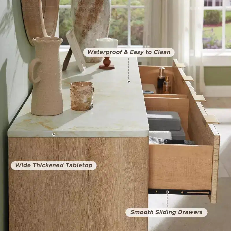 Fluted Dresser for Bedroom, Modern Drawer Chest with Faux Marble Top & Curved Profile, Wood Storage Organizer for Bedroom, Living Room