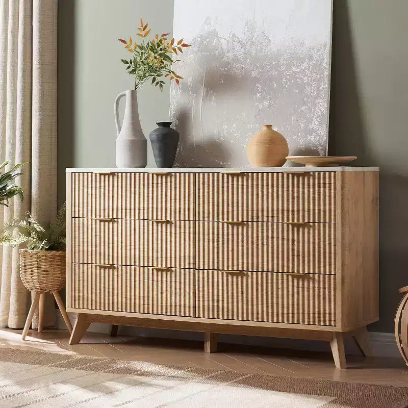 Fluted Dresser for Bedroom, Modern Drawer Chest with Faux Marble Top & Curved Profile, Wood Storage Organizer for Bedroom, Living Room