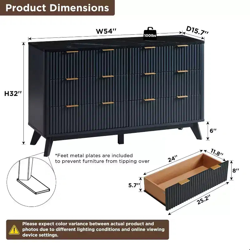 Fluted Dresser for Bedroom, Modern Drawer Chest with Faux Marble Top & Curved Profile, Wood Storage Organizer for Bedroom, Living Room