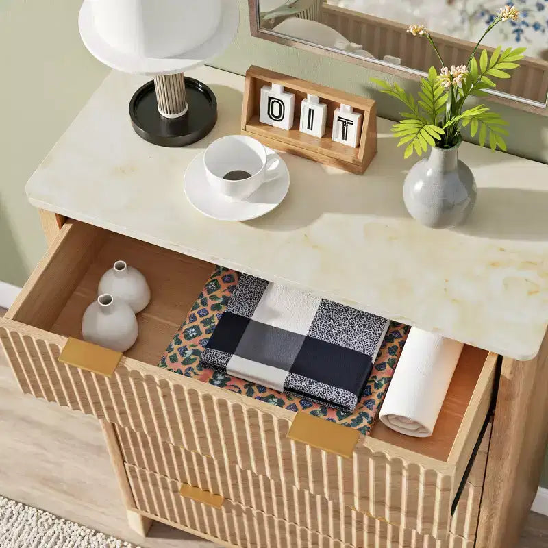 Fluted Dresser for Bedroom, Modern Drawer Chest with Faux Marble Top & Curved Profile, Wood Storage Organizer for Bedroom, Living Room