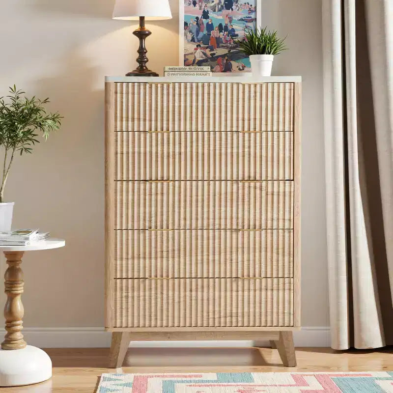Fluted Dresser for Bedroom, Modern Drawer Chest with Faux Marble Top & Curved Profile, Wood Storage Organizer for Bedroom, Living Room