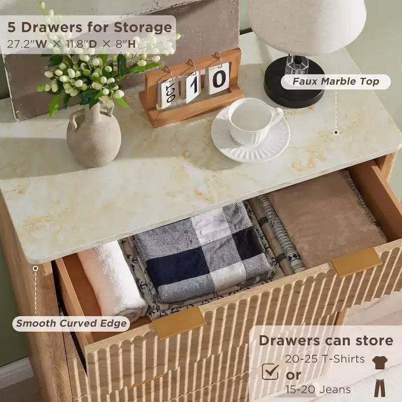 Fluted Dresser for Bedroom, Modern Drawer Chest with Faux Marble Top & Curved Profile, Wood Storage Organizer for Bedroom, Living Room