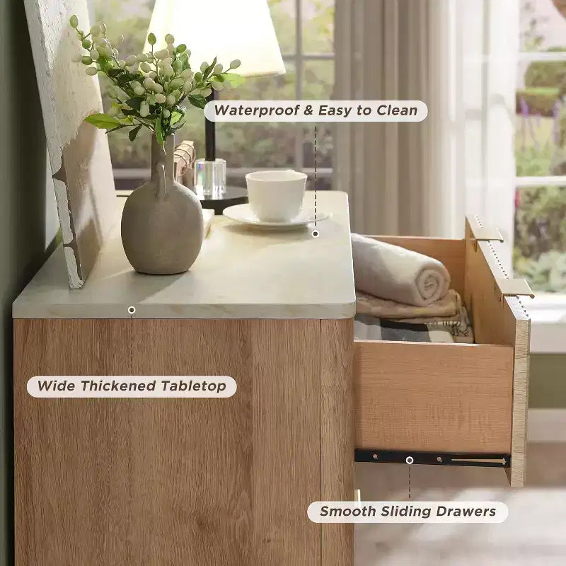Fluted Dresser for Bedroom, Modern Drawer Chest with Faux Marble Top & Curved Profile, Wood Storage Organizer for Bedroom, Living Room