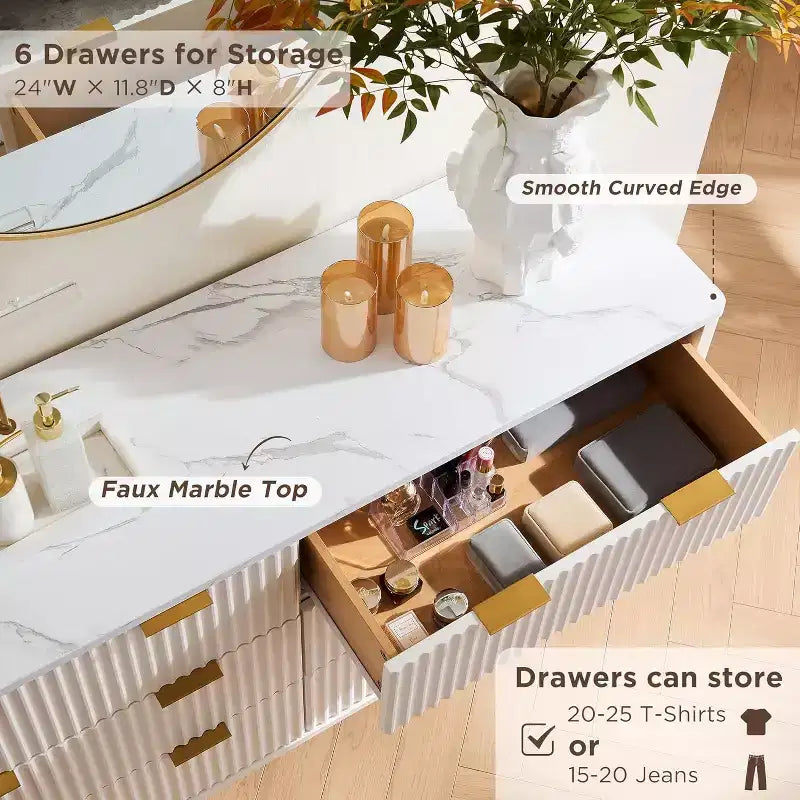 Fluted Dresser for Bedroom, Modern Drawer Chest with Faux Marble Top & Curved Profile, Wood Storage Organizer for Bedroom, Living Room