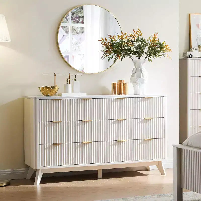 Fluted Dresser for Bedroom, Modern Drawer Chest with Faux Marble Top & Curved Profile, Wood Storage Organizer for Bedroom, Living Room