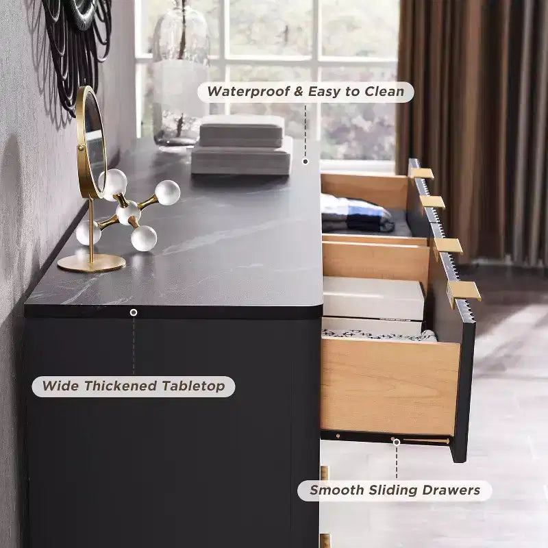 Fluted Dresser for Bedroom, Modern Drawer Chest with Faux Marble Top & Curved Profile, Wood Storage Organizer for Bedroom, Living Room