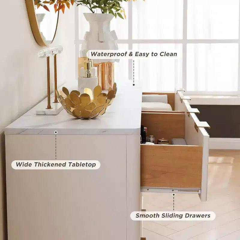 Fluted Dresser for Bedroom, Modern Drawer Chest with Faux Marble Top & Curved Profile, Wood Storage Organizer for Bedroom, Living Room