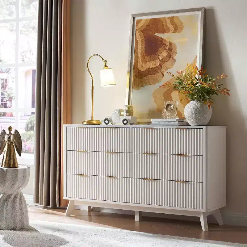 Fluted Dresser for Bedroom, Modern Drawer Chest with Faux Marble Top & Curved Profile, Wood Storage Organizer for Bedroom, Living Room