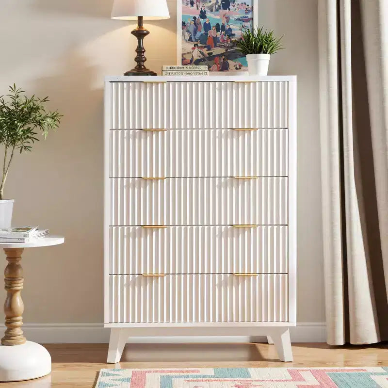 Fluted Dresser for Bedroom, Modern Drawer Chest with Faux Marble Top & Curved Profile, Wood Storage Organizer for Bedroom, Living Room