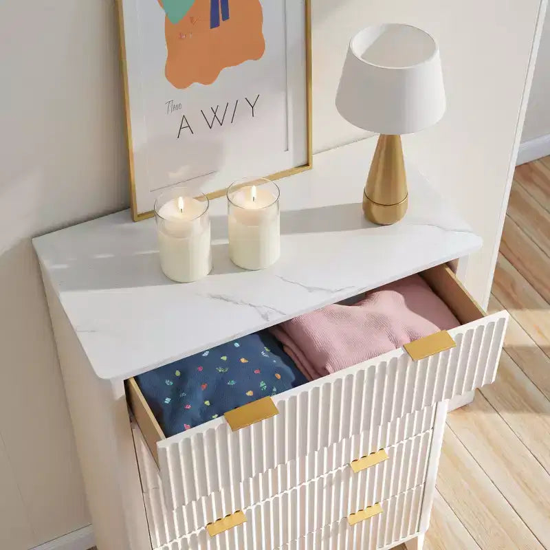 Fluted Dresser for Bedroom, Modern Drawer Chest with Faux Marble Top & Curved Profile, Wood Storage Organizer for Bedroom, Living Room