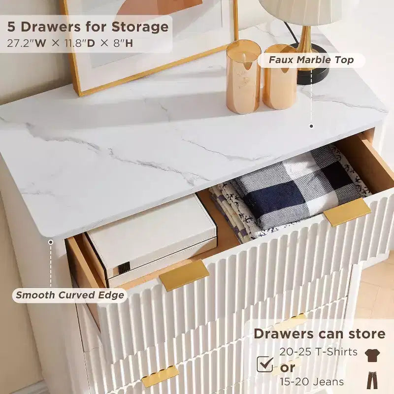 Fluted Dresser for Bedroom, Modern Drawer Chest with Faux Marble Top & Curved Profile, Wood Storage Organizer for Bedroom, Living Room