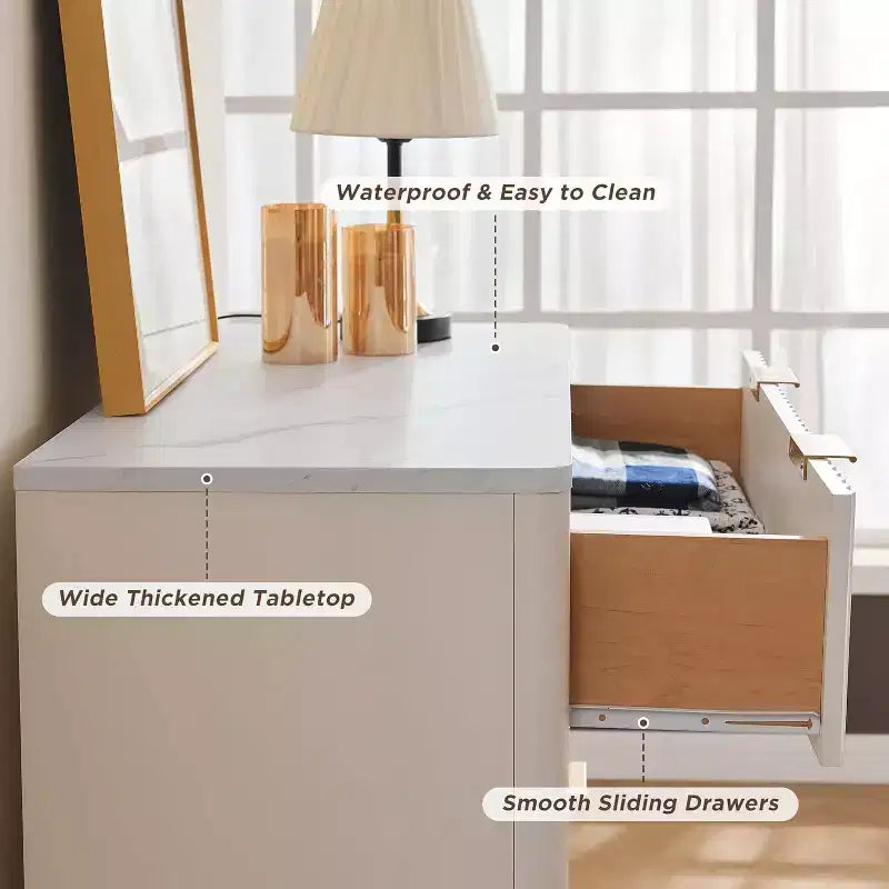 Fluted Dresser for Bedroom, Modern Drawer Chest with Faux Marble Top & Curved Profile, Wood Storage Organizer for Bedroom, Living Room