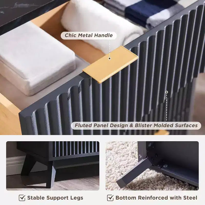Fluted Dresser for Bedroom, Modern Drawer Chest with Faux Marble Top & Curved Profile, Wood Storage Organizer for Bedroom, Living Room