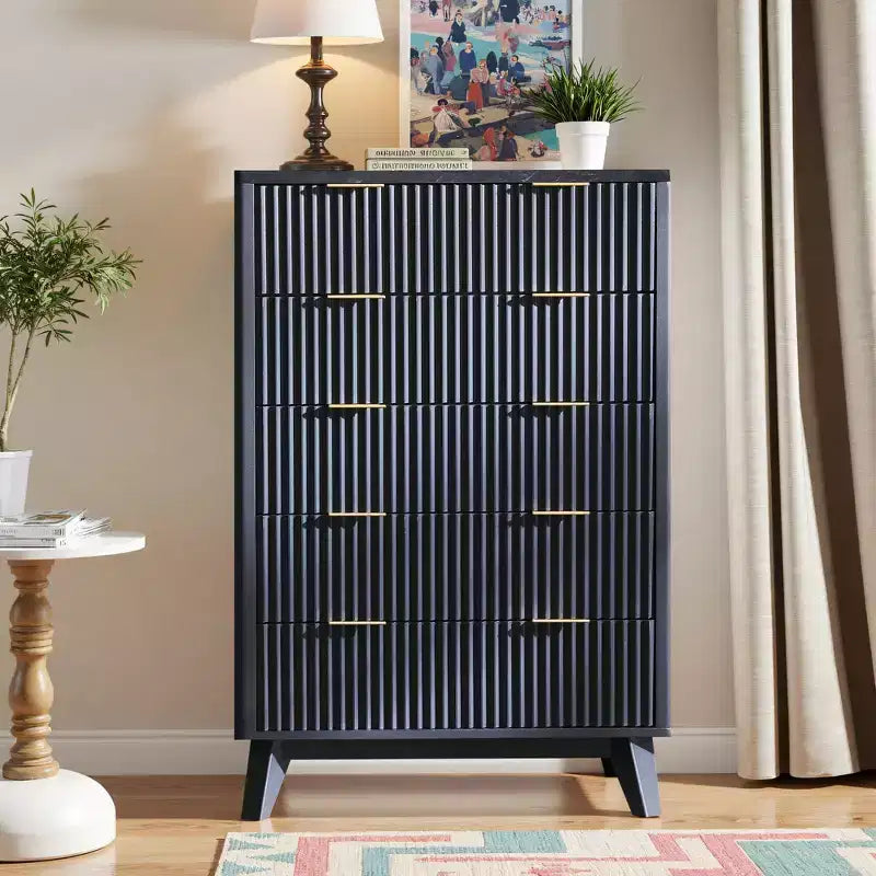 Fluted Dresser for Bedroom, Modern Drawer Chest with Faux Marble Top & Curved Profile, Wood Storage Organizer for Bedroom, Living Room