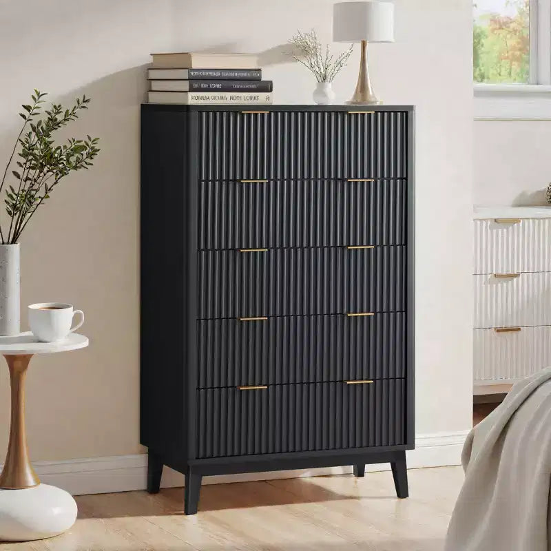 Fluted Dresser for Bedroom, Modern Drawer Chest with Faux Marble Top & Curved Profile, Wood Storage Organizer for Bedroom, Living Room