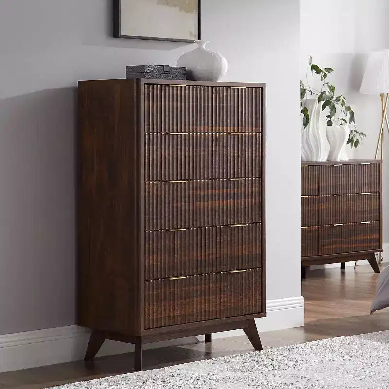 Fluted Dresser for Bedroom, Modern Drawer Chest with Faux Marble Top & Curved Profile, Wood Storage Organizer for Bedroom, Living Room