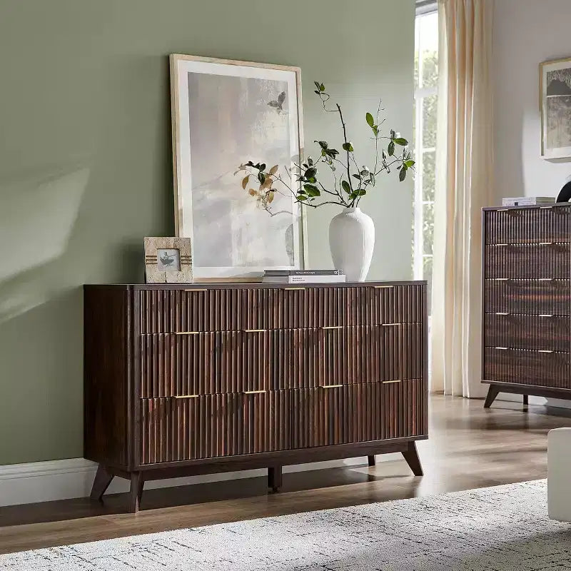 Fluted Dresser for Bedroom, Modern Drawer Chest with Faux Marble Top & Curved Profile, Wood Storage Organizer for Bedroom, Living Room