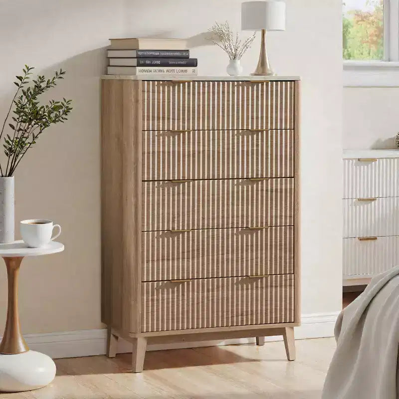 Fluted Dresser for Bedroom, Modern Drawer Chest with Faux Marble Top & Curved Profile, Wood Storage Organizer for Bedroom, Living Room
