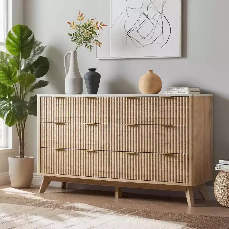 Fluted Dresser for Bedroom, Modern Drawer Chest with Faux Marble Top & Curved Profile, Wood Storage Organizer for Bedroom, Living Room