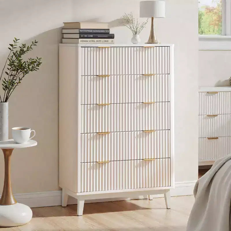 Fluted Dresser for Bedroom, Modern Drawer Chest with Faux Marble Top & Curved Profile, Wood Storage Organizer for Bedroom, Living Room