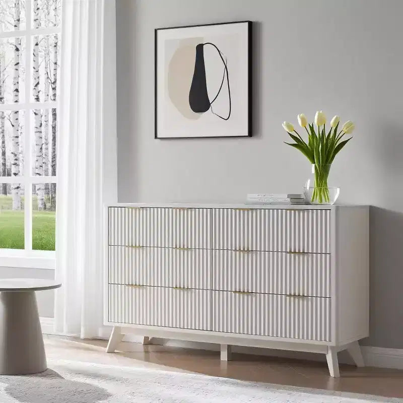 Fluted Dresser for Bedroom, Modern Drawer Chest with Faux Marble Top & Curved Profile, Wood Storage Organizer for Bedroom, Living Room