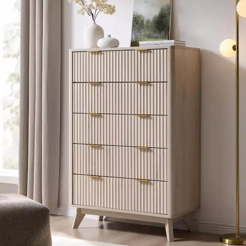 Fluted Dresser for Bedroom, Modern Drawer Chest with Faux Marble Top & Curved Profile, Wood Storage Organizer for Bedroom, Living Room