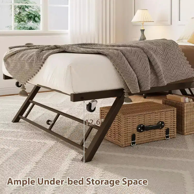 Garvee Stand-Up Twin Pop-Up Trundle Bed Frame with Locking Casters & Metal Slat Support
