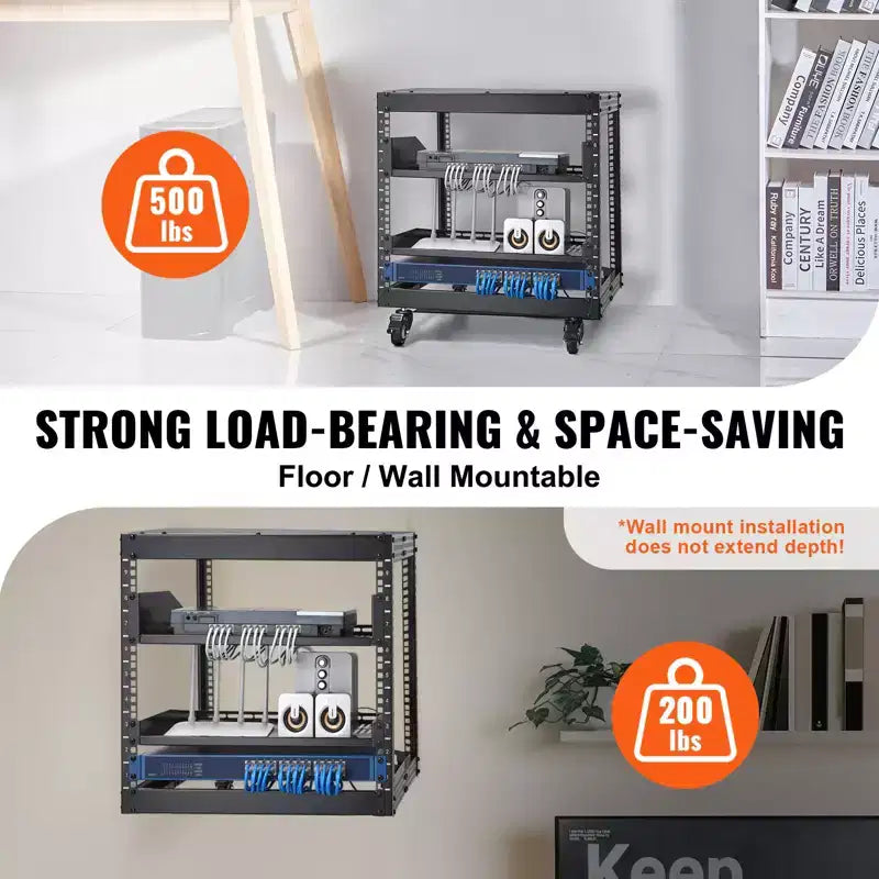 VEVOR 9U Open Frame Server Rack, 23''-40'' Adjustable Depth, Free Standing or Wall Mount Network Server Rack with 360 Casters