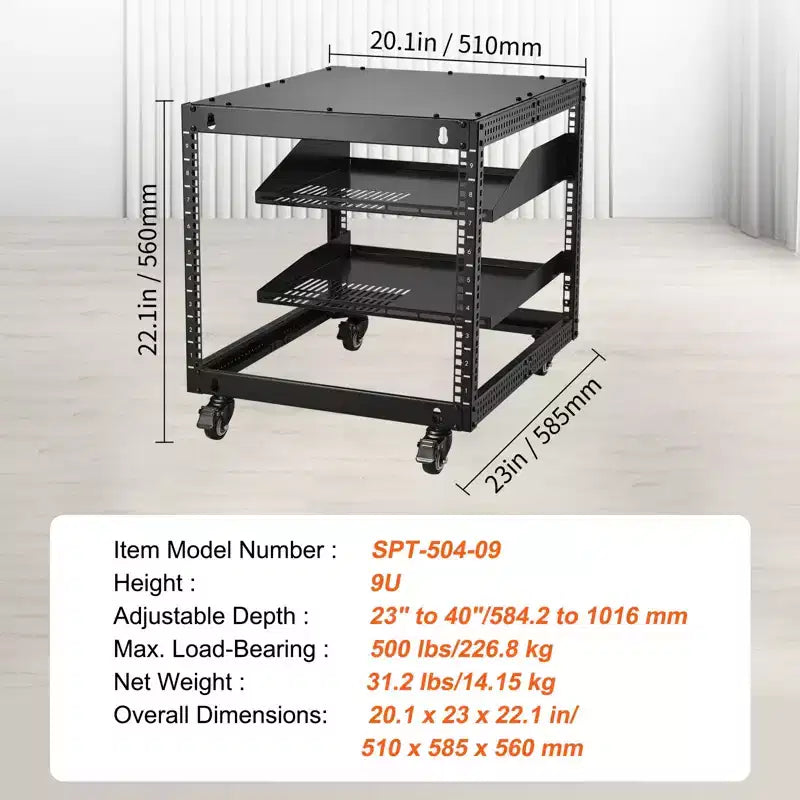 VEVOR 9U Open Frame Server Rack, 23''-40'' Adjustable Depth, Free Standing or Wall Mount Network Server Rack with 360 Casters