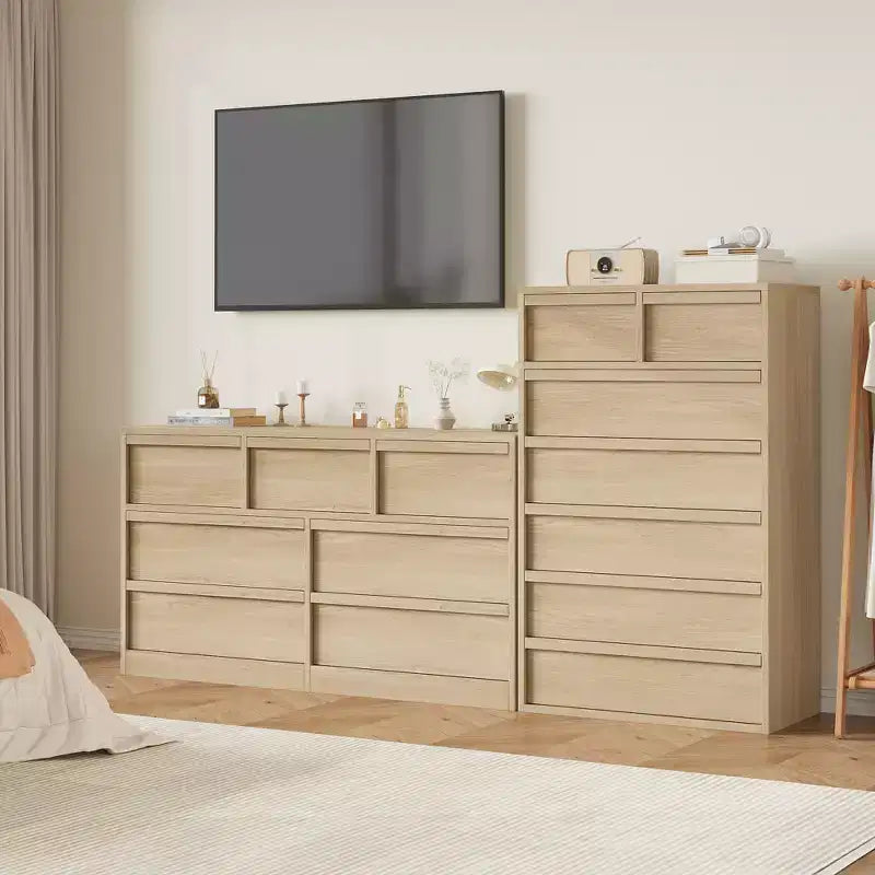 Garvee 7 Drawer Dresser for Bedroom, Natural 7 Chest of Drawers Tall with Concave Handles, Wooden Dresser Organizer for Living Room Nursery Entryway