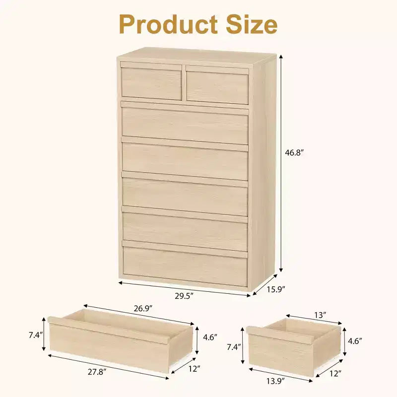 Garvee 7 Drawer Dresser for Bedroom, Natural 7 Chest of Drawers Tall with Concave Handles, Wooden Dresser Organizer for Living Room Nursery Entryway