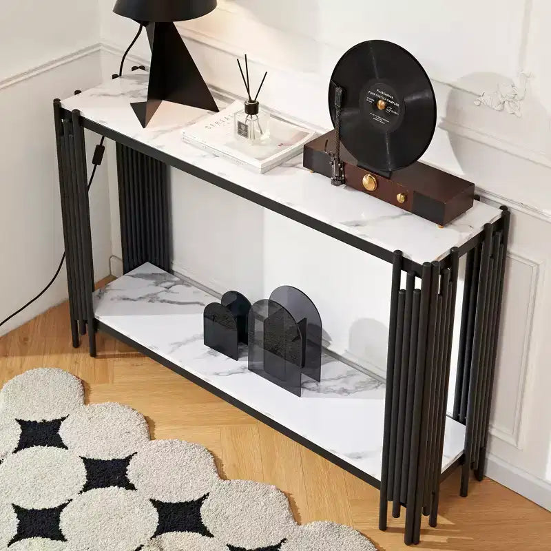 48-Inch Faux Marble Console Table with Adjustable Feet, Narrow Entryway Table, Black
