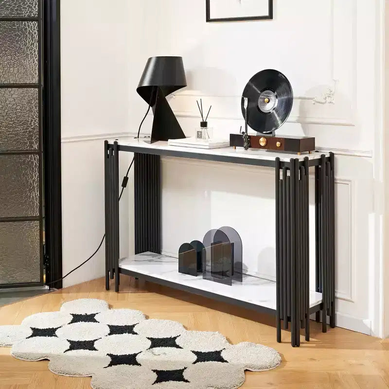 48-Inch Faux Marble Console Table with Adjustable Feet, Narrow Entryway Table, Black