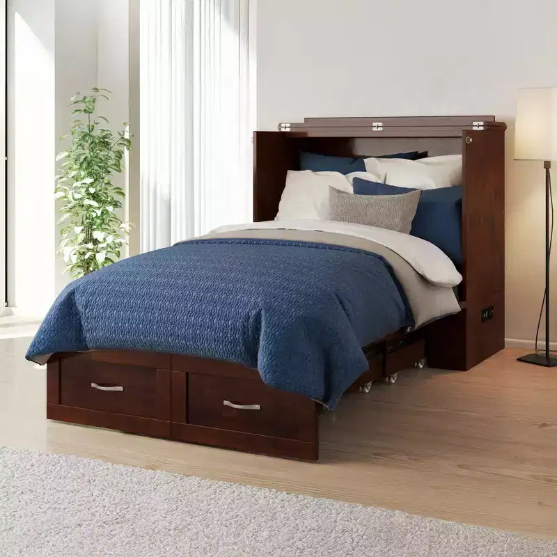 HomeStock Hamilton Twin XL Murphy Bed Chest with 6 Mattress, Storage Drawer & Built-In USB Charger, Walnut