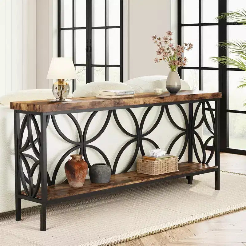 MAYEERTY 2-Tier Console Table High-Grade Particle Board Steel 198Lbs Capacity Adjustable Foot Pads