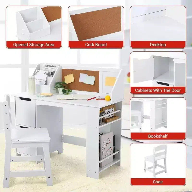 Kids Study Desk & Chair Set with Bookshelf & Bulletin Board - White Writing Table, Storage Cabinets, for Ages 3-8