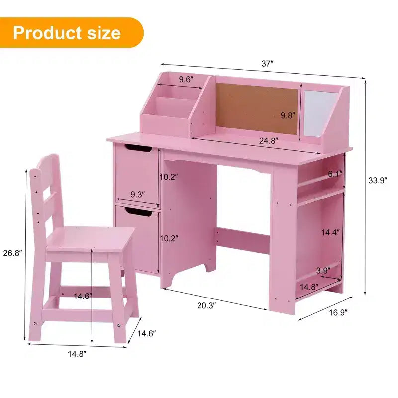 Kids Study Desk & Chair Set with Bookshelf & Bulletin Board - White Writing Table, Storage Cabinets, for Ages 3-8