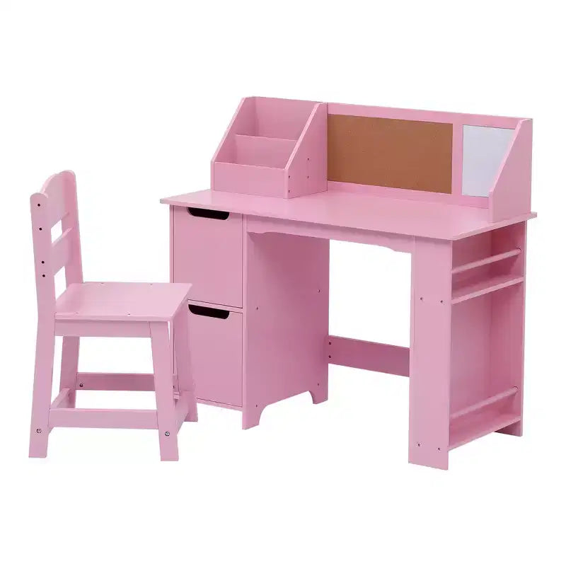 Kids Study Desk & Chair Set with Bookshelf & Bulletin Board - White Writing Table, Storage Cabinets, for Ages 3-8