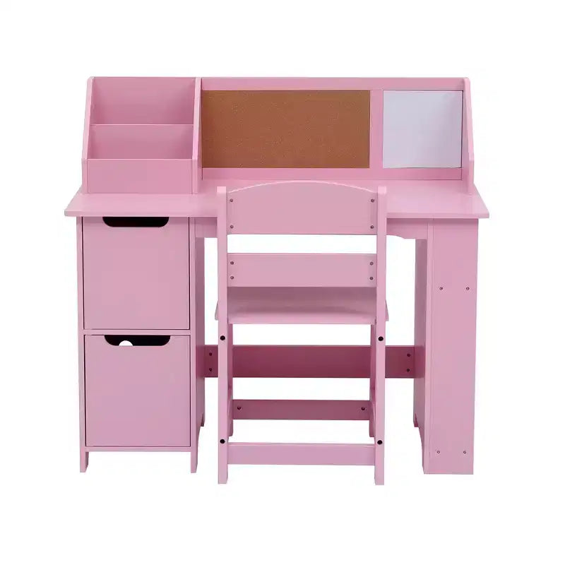 Kids Study Desk & Chair Set with Bookshelf & Bulletin Board - White Writing Table, Storage Cabinets, for Ages 3-8