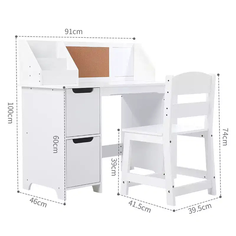 Kids Study Desk & Chair Set with Bookshelf & Bulletin Board - White Writing Table, Storage Cabinets, for Ages 3-8