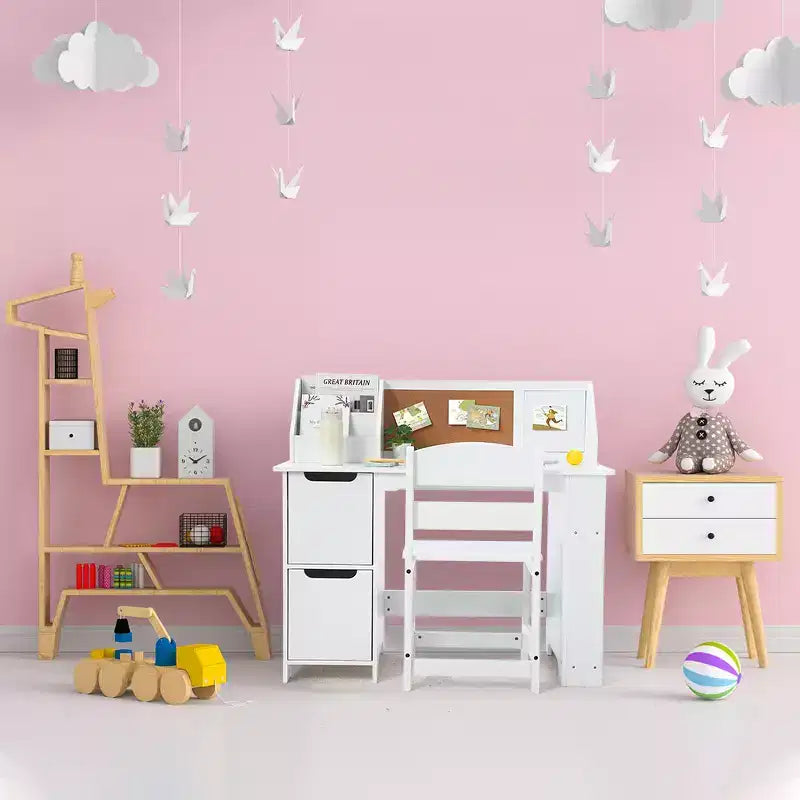 Kids Study Desk & Chair Set with Bookshelf & Bulletin Board - White Writing Table, Storage Cabinets, for Ages 3-8